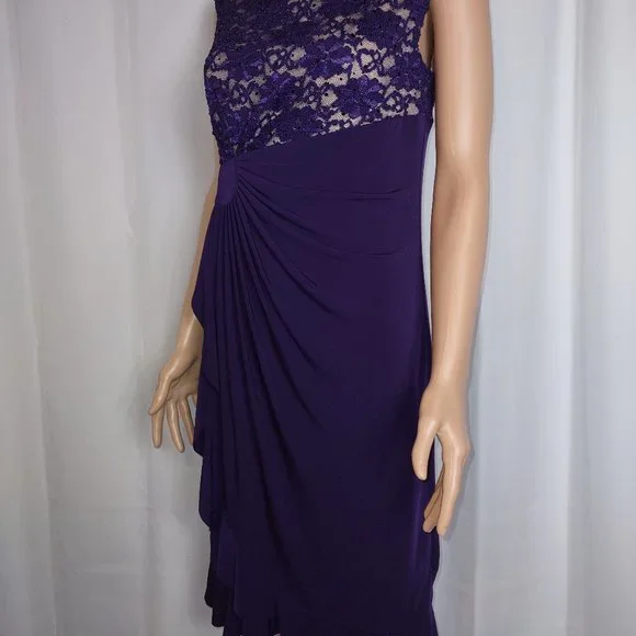 dressbarn purple dress Dressbarn Collection Dress Purple Floral Satin Ruffle Neckline Size 12  Woman's